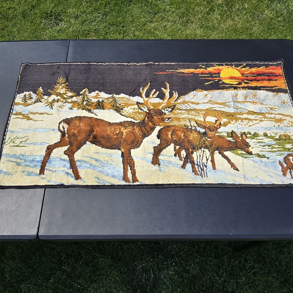 Tapestry‎ Deer Stag woodland Vtg 60s velvet Wall Hanging Belgium Cottagecore